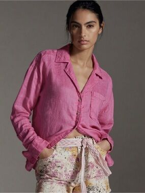 Anthropologie 100% Linen Maeve Bright Pink Ruched Sleeve Button Down Shirt XS